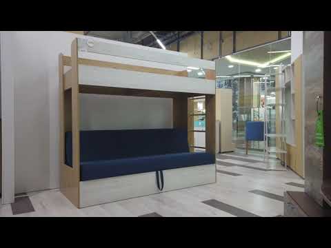 Кровать двухъярусная с диваном и лестницей-комодом "Лаворо" (Сосна винтерберг/Маренго/Рогожка Bahama Green (AT)) D_B3