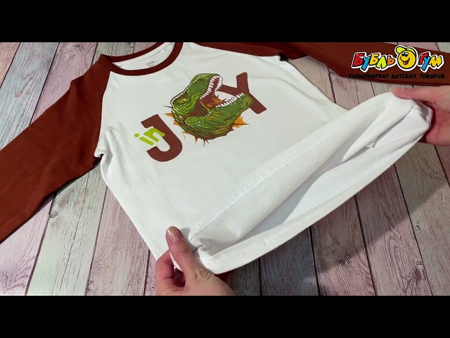 Лонгслив Lanson Kids хлопковый с ярким принтом динозавра и надписью белый - видео