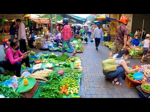 Morning Daily Lifestyle of Vendors - Khmer People Walk Buying Food at Boeung Trabek Market food