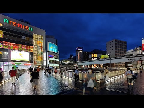 4K Tokyo Walk - Rainy Evening Walk around Tachikawa Station Area- 立川 - Slow TV - Binaural Audio