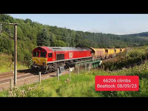 DB Cargo 66206 climbs up Beattock with Ballast Wagons for Millerhill: 08/09/23