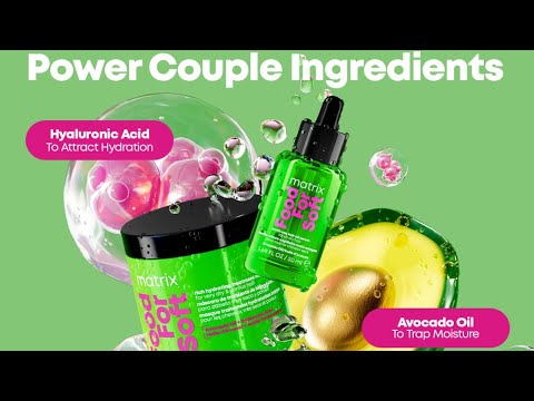 Matrix Food For Soft hårvårdsserie. Den visar olika produkter i serien, deras användning och fördelar för håret.