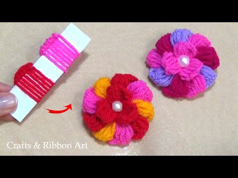 Amazing Woolen Flower Ideas with Paper - Hand Embroidery Easy Trick  - Easy Woolen Flower Making