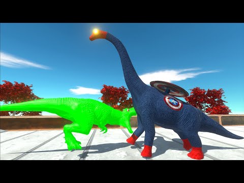 GREEN T-REX vs CAPTAIN AMERICA BRACHIOSAURUS DEATH FALL - Animal Revolt Battle Simulator