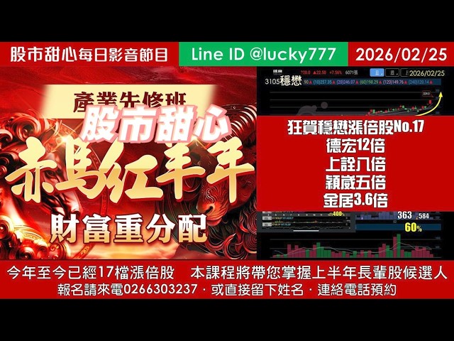 0225【甜心盤後節目】【赤馬紅羊先修班帶您掌握上半年長輩股侯選人】狂賀穩懋榮登第17檔長輩股！德宏12倍．上詮八倍．穎崴五倍．金居3.6倍