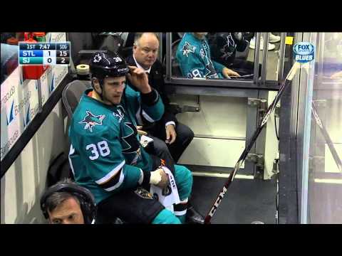 Scrum in 1st, Steve Ott, Ryan Reaves, Michael Haley. St. Louis Blues vs SJ Sharks Jan 3 2015 NHL