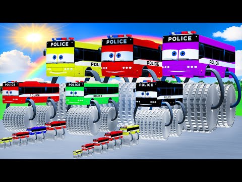 Big & Small McQueen Bus Police Colorful Double Monster Saw Wheels vs Thomas Trains | BeamNG.Drive