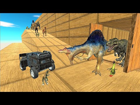 Dinosaurs vs. Jeep. Go down the mountain road! - Animal Revolt Battle Simulator