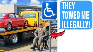 Idiot Tows Disabled Veteran From Handicap Parking Spot! DEEPLY Regrets It!