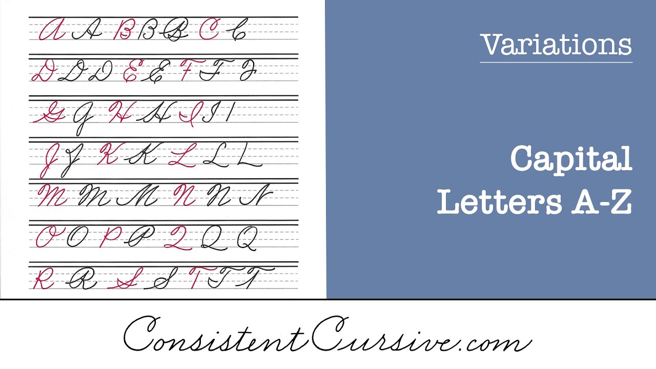 Variations of cursive capital letters A-Z
