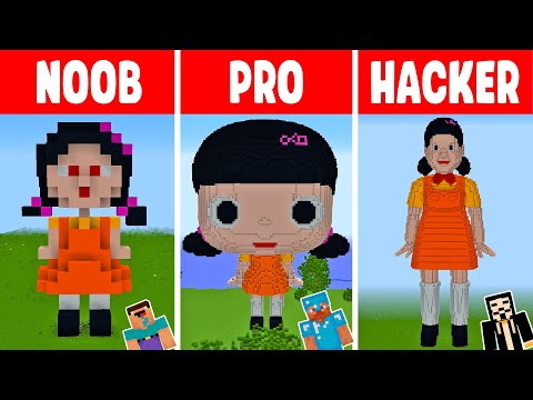 Minecraft SQUID GAME DOLL STATUE HOUSE BUILD CHALLENGE - NOOB vs PRO vs HACKER