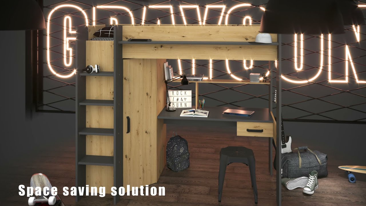 Parisot Grayson High Sleeper Bed with Wardrobe & Desk Below