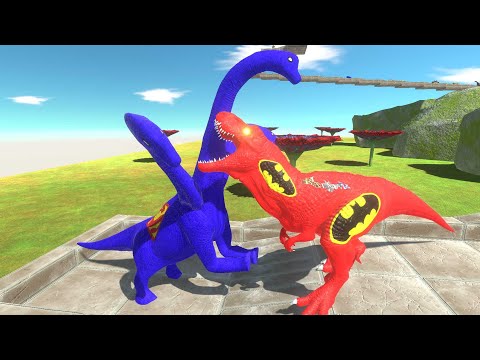 BATMAN T-REX vs 3x HEADED SUPERMAN BRACHIOSAURUS DEATH FALL - Animal Revolt Battle Simulator