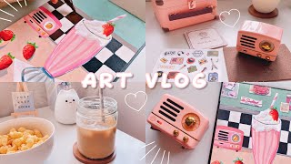 art vlog 🍓 retro milkshake painting using gouache 🍧 unboxing new speakers from muzen 🎵