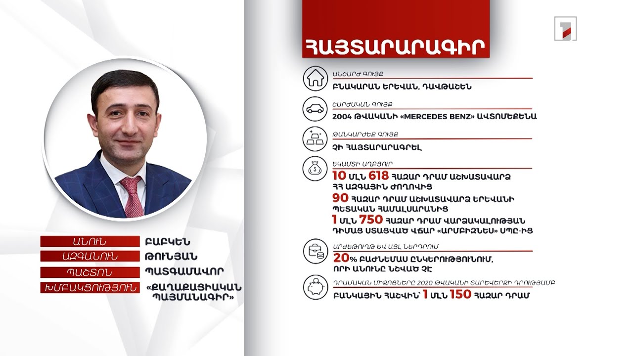 Բնակարան, ավտոմեքենա, 1 մլն 650 հազար դրամ. Բաբկեն Թունյանի ունեցվածքը