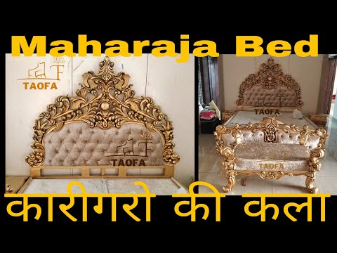 King size teak wood wooden carved maharaja double bed, with ...