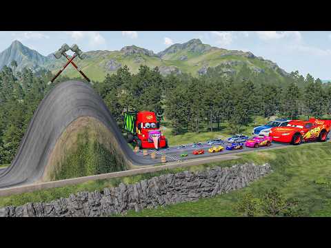 Big & Small McQueen & Police Car vs Zombie Mack, Giant Bulge & Hammer Downhill Race – BeamNG.drive