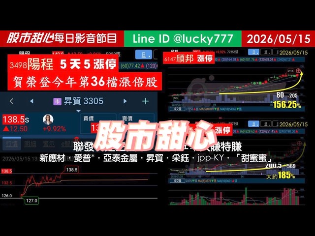 0515【甜心盤後節目】狂賀陽程榮登今年第36檔長輩股！聯發科連三拉三，赤馬紅羊大賺特賺－新應材．愛普*．亞泰金屬．昇貿．采鈺．jpp-KY．「甜蜜蜜」