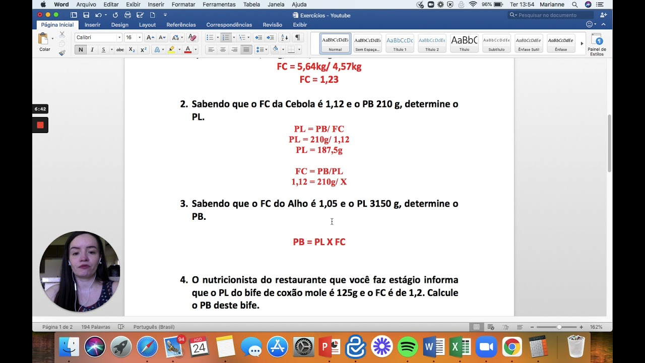 EXERCÍCIOS | FATOR DE CORREÇÃO, PESO BRUTO E PESO LÍQUIDO | TÉCNICA DIETÉTICA | UAN