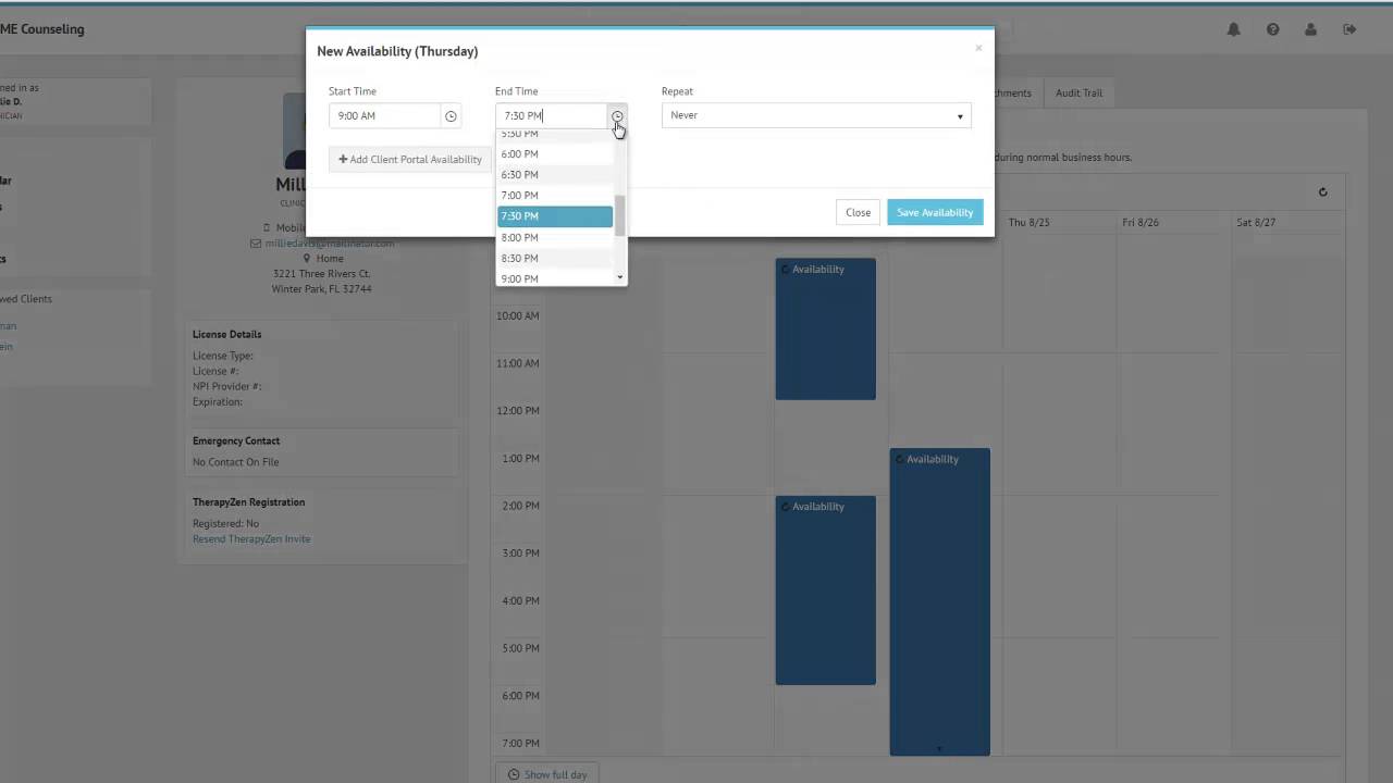 Setting Your Availability for Appointments in TherapyZen