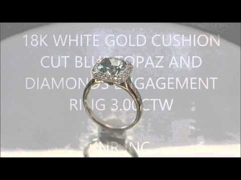 18K WHITE GOLD CUSHION CUT BLUE TOPAZ AND DIAMONDS ENGAGEMENT RING 3.00CTW - KNR INC - 499