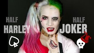 Half Harley Quinn Half Joker Halloween Hair and Makeup Tutorial