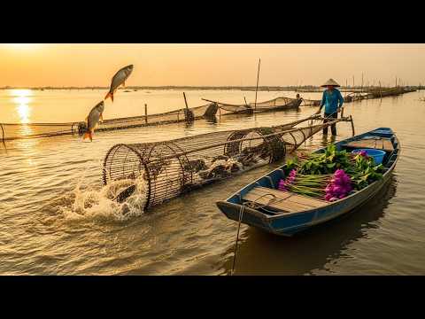 The Vietnamese farmer is visiting a very large fish trap, and there are many fish in the trap.