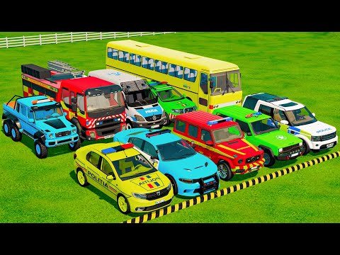 TRANSPORTING POLICE CARS, AMBULANCE, FIRE TRUCK, COLORFUL CARS WITH TRAIN - FARMING SIMULATOR 22!