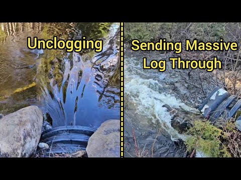 Sending Huge Heavy Log Through Storm Surge To Drain Flooded Road