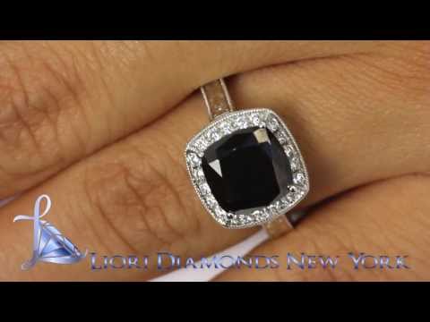 BDR-255 - 3.05 Carat Certified Cushion Cut Black Diamond Ring 18k Pave Halo Vintage Style