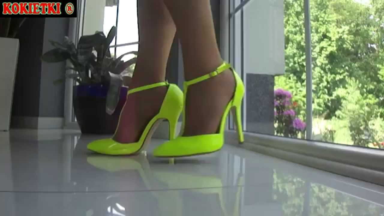 SZPILKI NEONOWE ŻÓŁTE PASEK W KOSTCE LAKIERKI