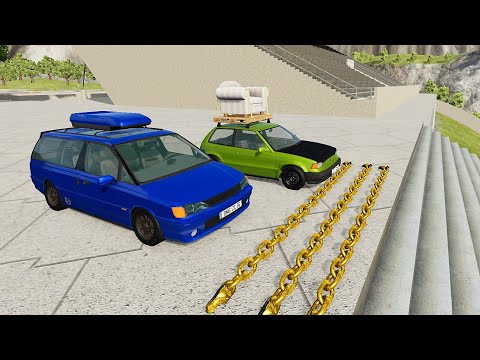 Cars vs Golden Chains – BeamNG.Drive Crazy Vehicle Stairs Jumps Down With Giant Chain