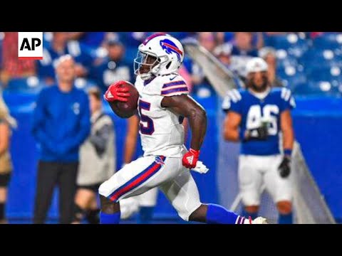 Former English rugby star Christian Wade is giving the NFL a try with the Buffalo Bills. He scored on a 65-yard touchdown run on his first carry to help seal a 24-16 preseason-opening win over the Colts. (Aug. 9)