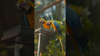 Blue-and-yellow macaw sounds (Colorful Parrots Eat At A Feeder)