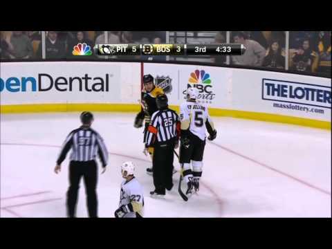 Joe Vitale puck to side of head. Pittsburgh Penguins vs Boston Bruins 4/3/12 NHL Hockey