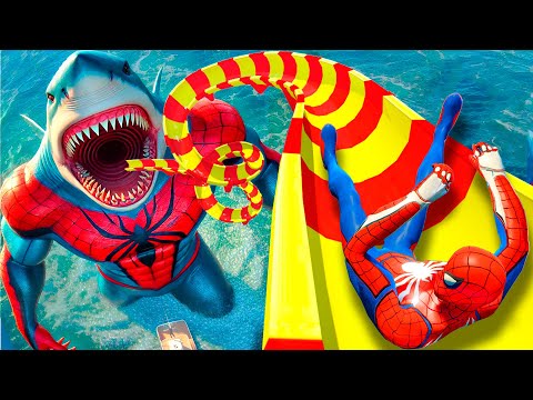 CRAZY WATER PARK IN GTA 5! SPIDER-MAN VS SHARK in Water Challange #spiderman #waterslides