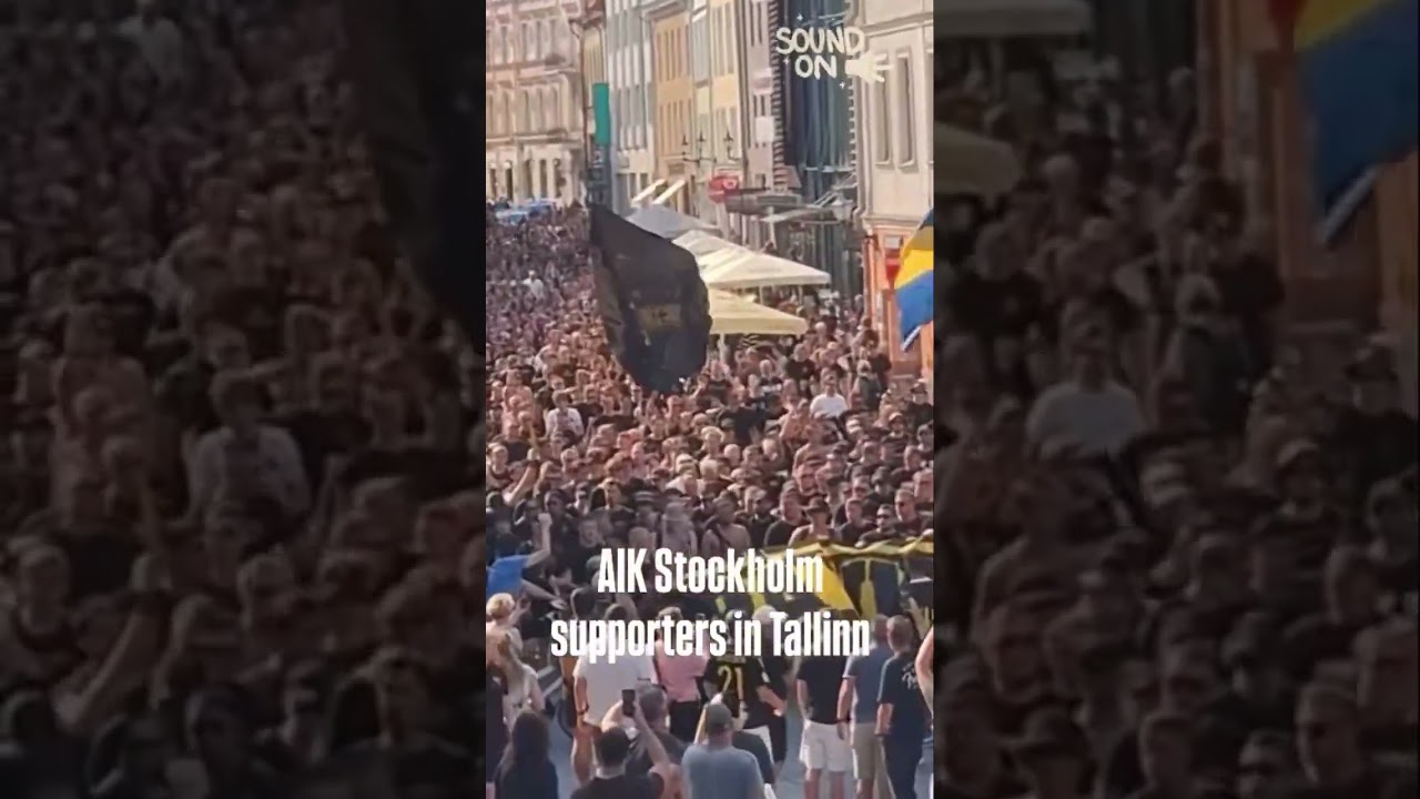 Tusentals AIK-fans marscherar genom Tallinn inför Conference League-kvalet mot Paide. #aik #ultras