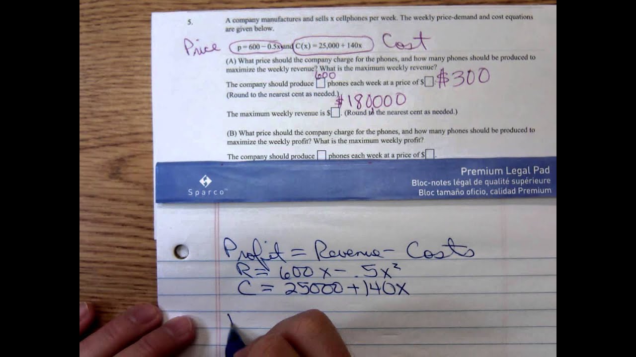 Math 1325 Optimization Example Revenue and Profit