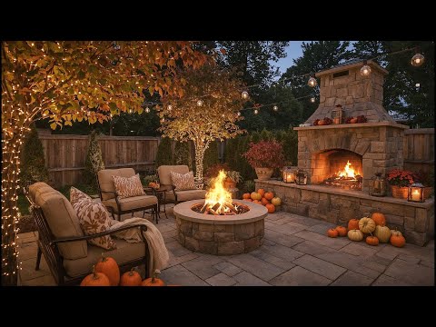 Cozy Fall Backyard Fireplace Ambience 🍂 Crackling Fire, Autumn Leaves, Pumpkins & String Lights