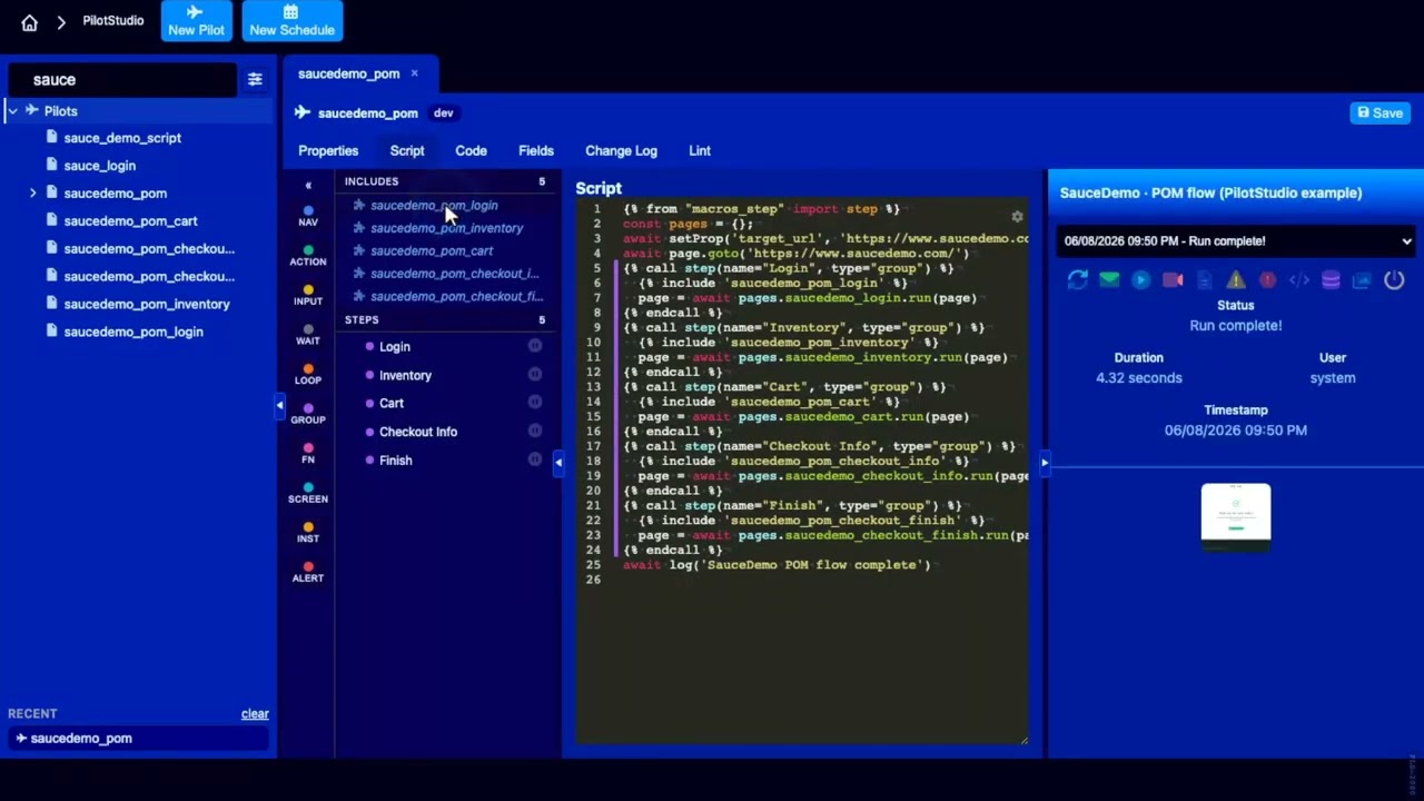 Navigate composed pilots — open any included step in place
