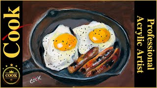 How to paint Cast Iron Skillet with Fried Eggs and a Side of Sausages with Acrylics - a Tutorial