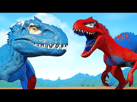 Captain America I-Rex Vs  Tyrannosaurus Rex vs Spiderman I-Rex Jurassic World Evolution Fight