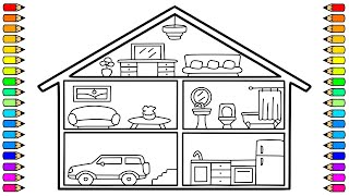 Cómo Dibujar una Casa 🏠 para Niños por Dentro / Dibuja y Colorea una Casita Muy Fácil 🎨🎨💒💒