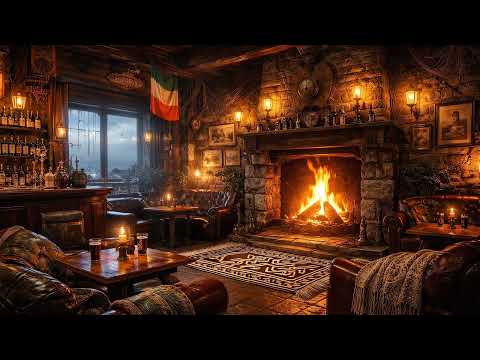 Irish Coastal Pub Ambience 🇮🇪 🍀🎻 Foggy Evening| Fireplace, Ocean & Celtic Music | 4 Hours Sleep