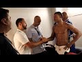 Paulie Malignaggi congratulates Errol Spence backstage after KO victory