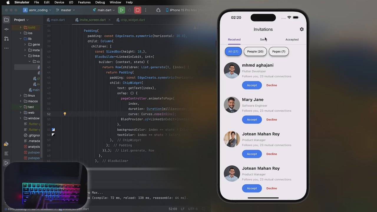 ASMR Programming - Coding (Iphone 15) LinkedIn UI  with Flutter - No Talking
