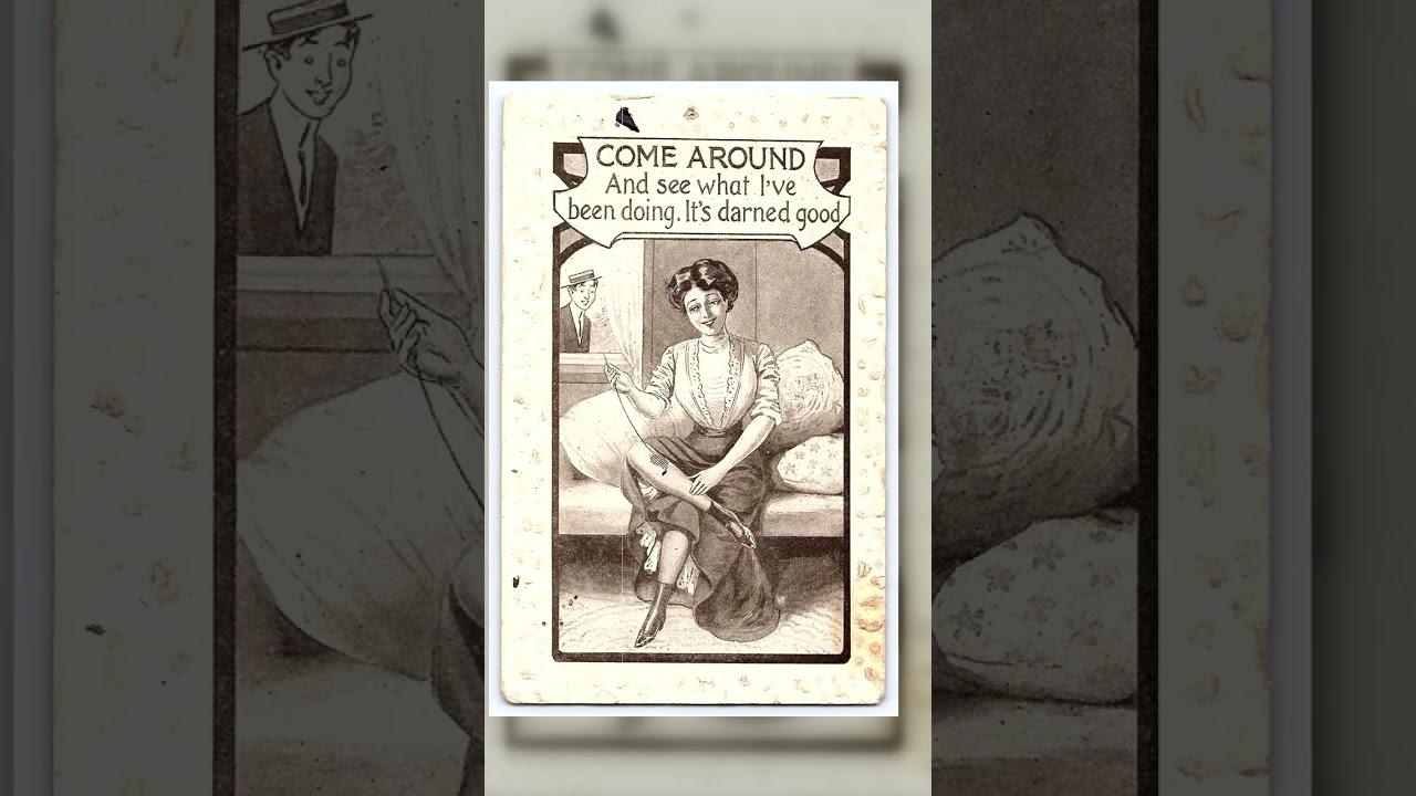 Humorous Linen Postcard, Woman Darning, Early 20th Century Video