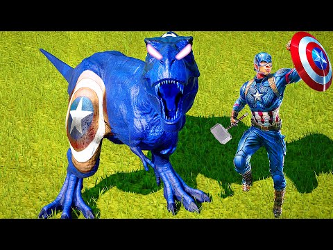 (Jurassic World Evolution🌍) T-Rex Captain America,Naruto,Spiderman,Power Ranger Fight !!