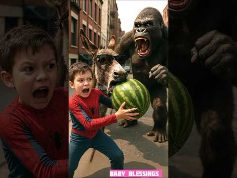 “Little Spiderboy vs Donkey in Los Angeles 🍉😂 | King Kong Joins the Chaos!” #funnyshorts #usa