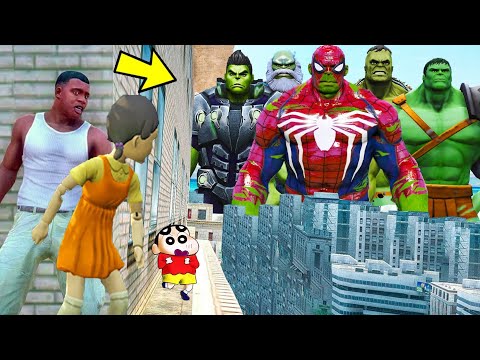 Franklin and Shinchan & Pinchan play HIDE AND KILL with Squid Game Doll In GTA 5